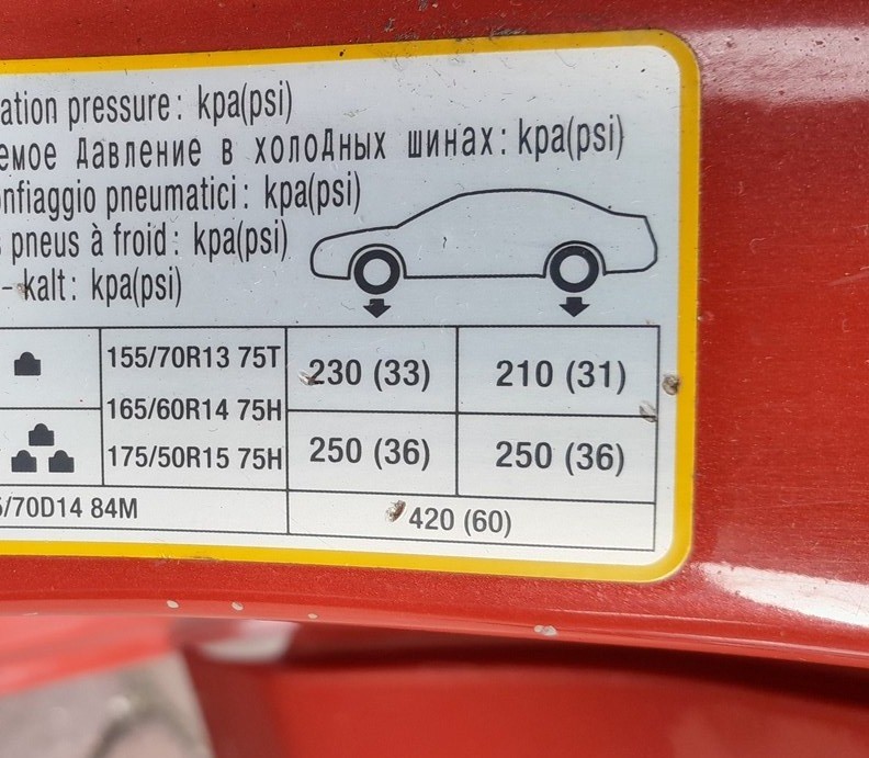 Kia Picanto TA door-pillar tire pressure placard