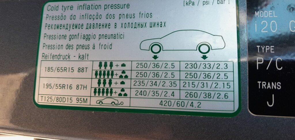 Hyundai i20 door-jamb cold tire pressure label