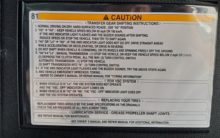 Toyota Hilux transfer gear shifting instructions label