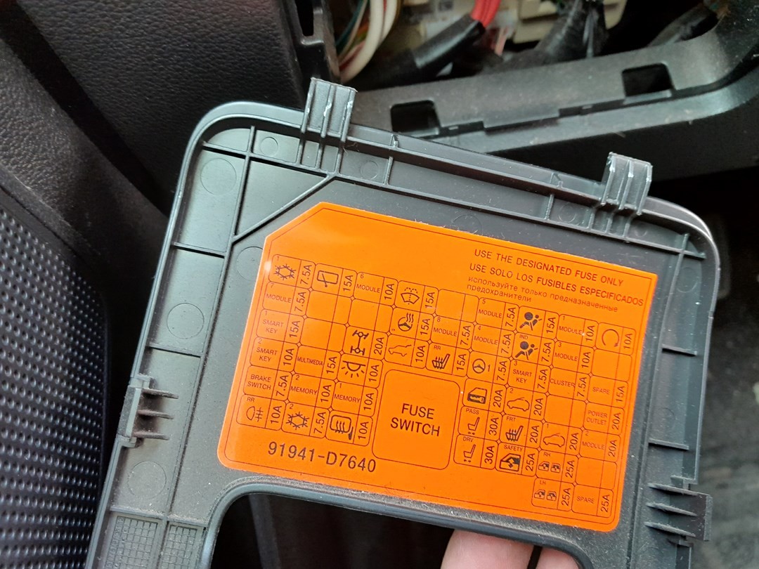 Hyundai Tucson TL fuse box cover legend, part 91941-D7640