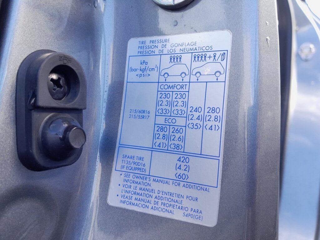 Suzuki Vitara LY tire-pressure placard on the driver's door pillar